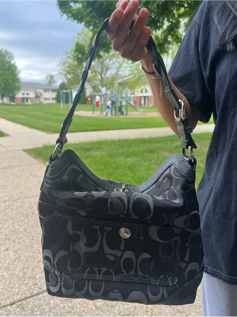 Coach Black Signature Canvas Shoulder Hobo with Braided Strap